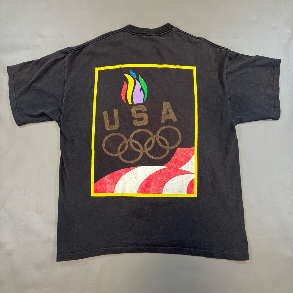 Vintage 90s USA Olympics Torch Graphic Tee Black Single Stitch USA Rings Sz L